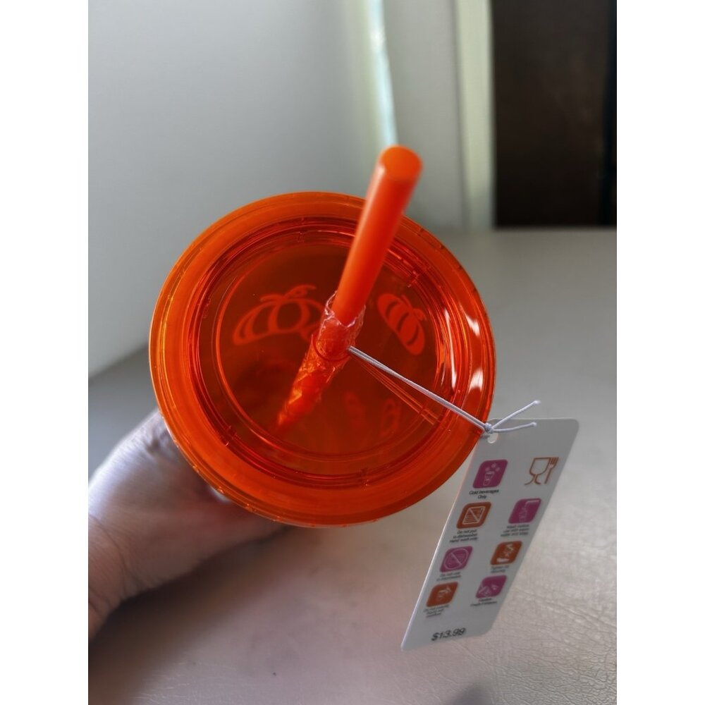 Dunkin Donuts Glow In The Dark Tumbler Cup Straw 24oz Orange Pumpkin Spice NWT - Picture 10 of 12